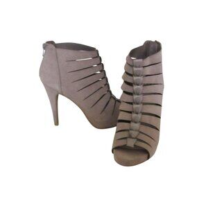 Fergalicious Tinder Taupe High Heel Ankle Booties With Strappy Design & Back Zip